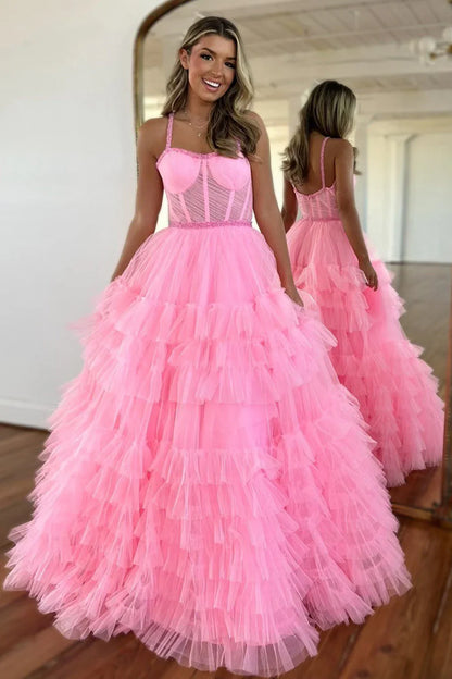 Pink Tulle A-Line Spaghetti Straps Empire Tiered Party Prom Dress