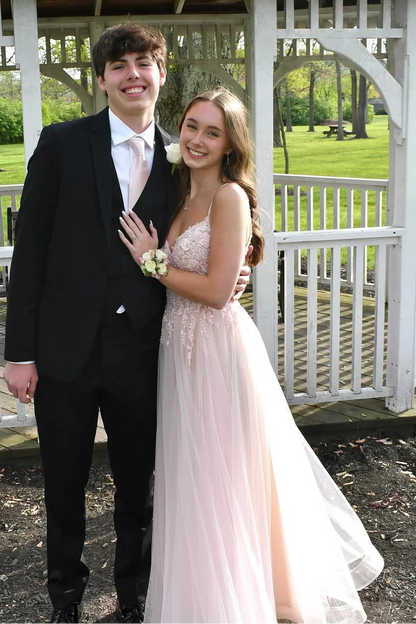 Pink Tulle A-Line V-Neck Sleeveless Lace Appliques Party Prom Dress
