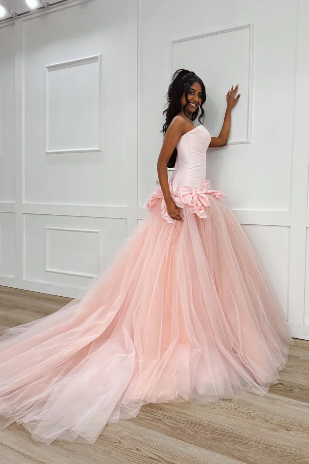 Pink Two Tone Sweetheart Strapless A-Line Party Prom Dress With Train