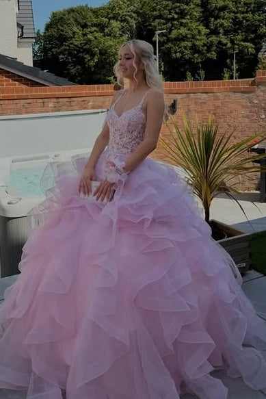 Pink V-Neck Lace Appliques Tiered Tulle A-Line Formal Prom Gown
