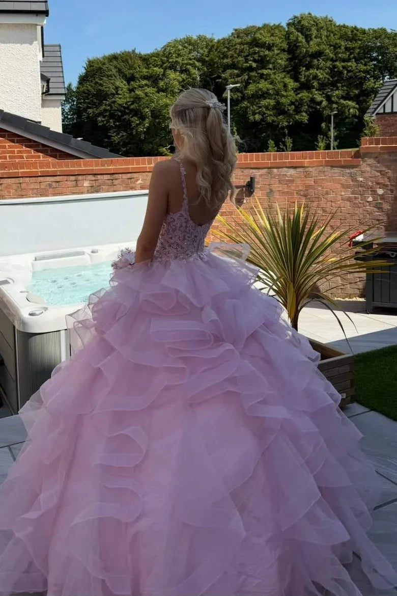 Pink V-Neck Lace Appliques Tiered Tulle A-Line Formal Prom Gown