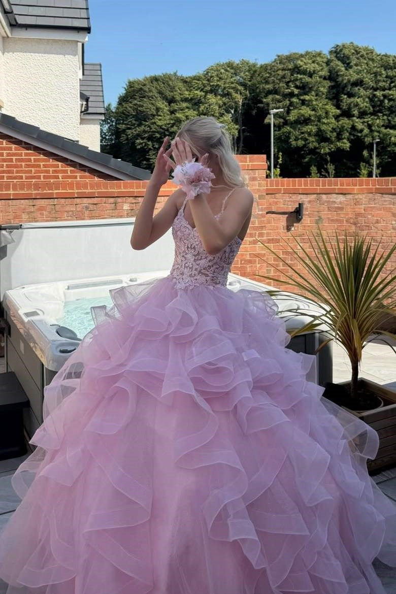 Pink V-Neck Lace Appliques Tiered Tulle A-Line Formal Prom Gown