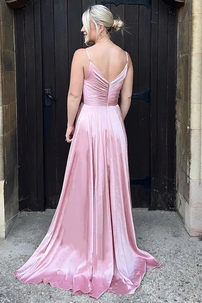 Pink V-Neck Sleeveless Satin A-Line Bridesmaid Dress