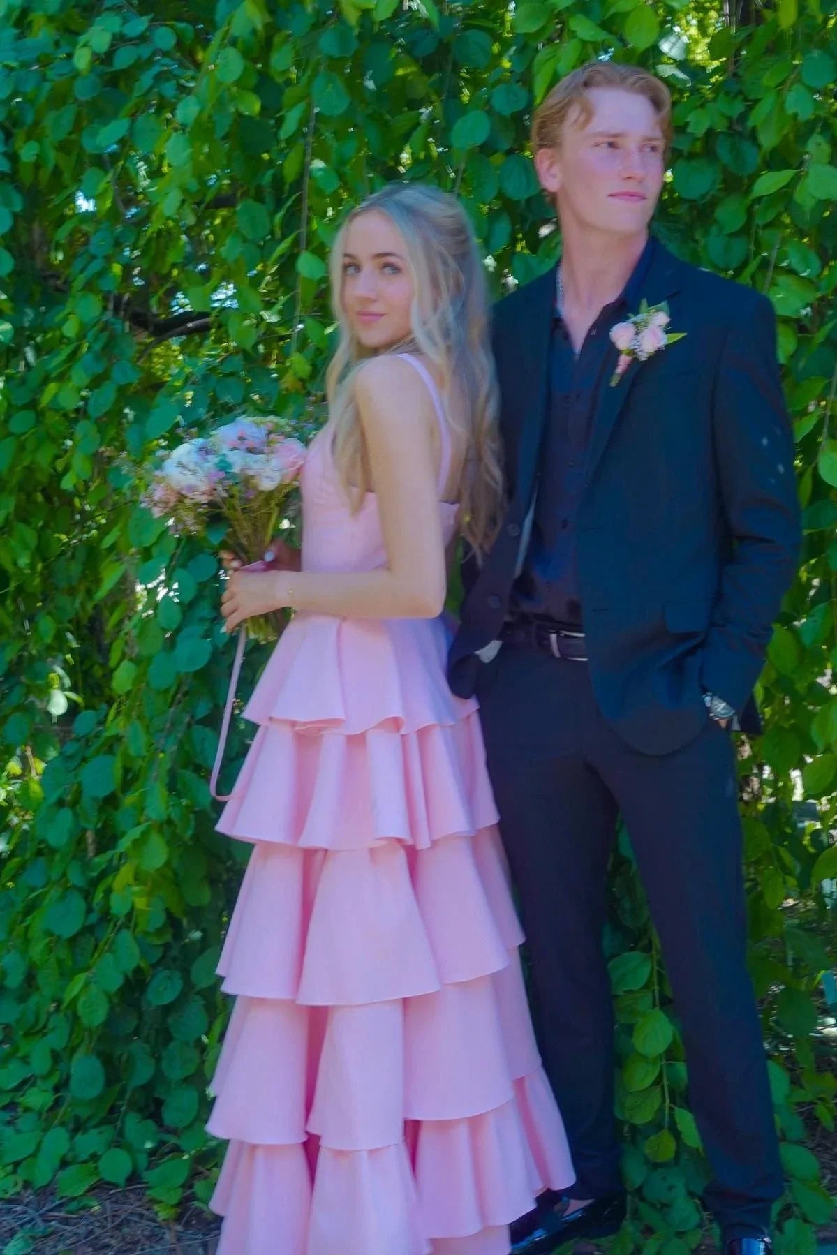 Pink V-Neck Spaghetti Straps A-Line Tiered Party Prom Dress