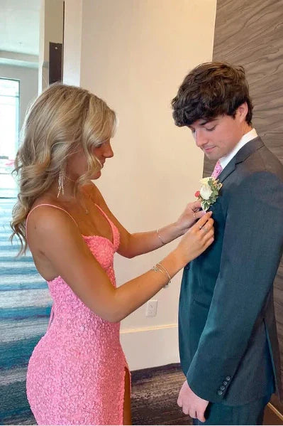 Pink V-Neck Spaghetti Straps Mermaid Sequins Party Prom Dress