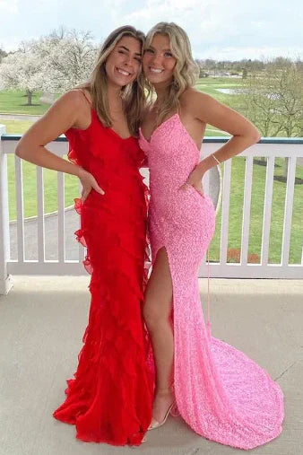 Pink V-Neck Spaghetti Straps Mermaid Sequins Party Prom Dress