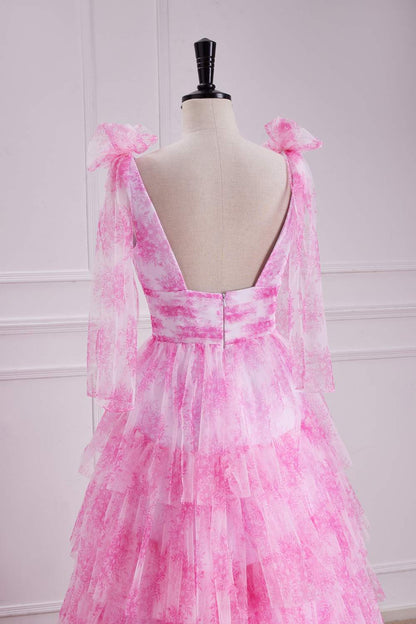 Pink Floral Bow Tie Straps Layers A-line Long Prom Dress with Slit