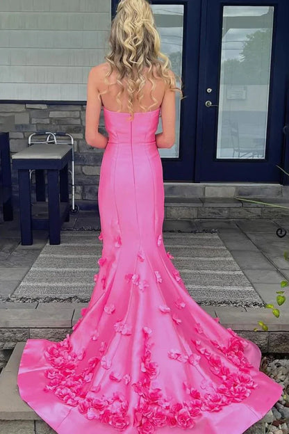 Elegant Strapless Long Mermaid Prom Dress with 3D Floral