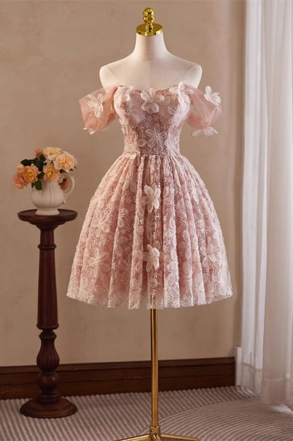 Pink Vintage Off the Shoulder Flower Appliques Homecoming Dress