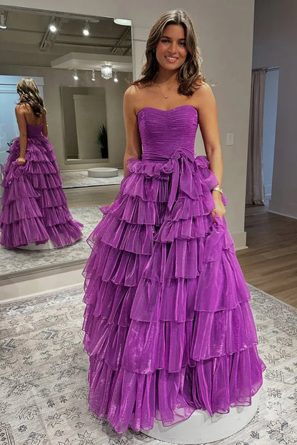 Pleated Empire Strapless A-Line Tiered Party Prom Dress