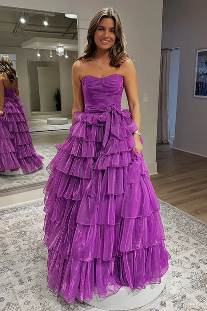 Pleated Empire Strapless A-Line Tiered Party Prom Dress