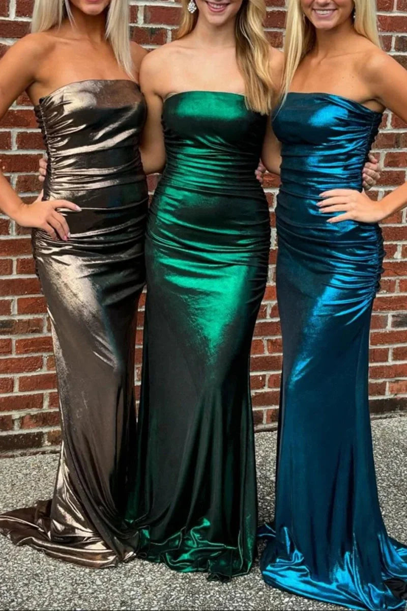 Pleated Strapless Empire Satin Party Prom Dress With Train