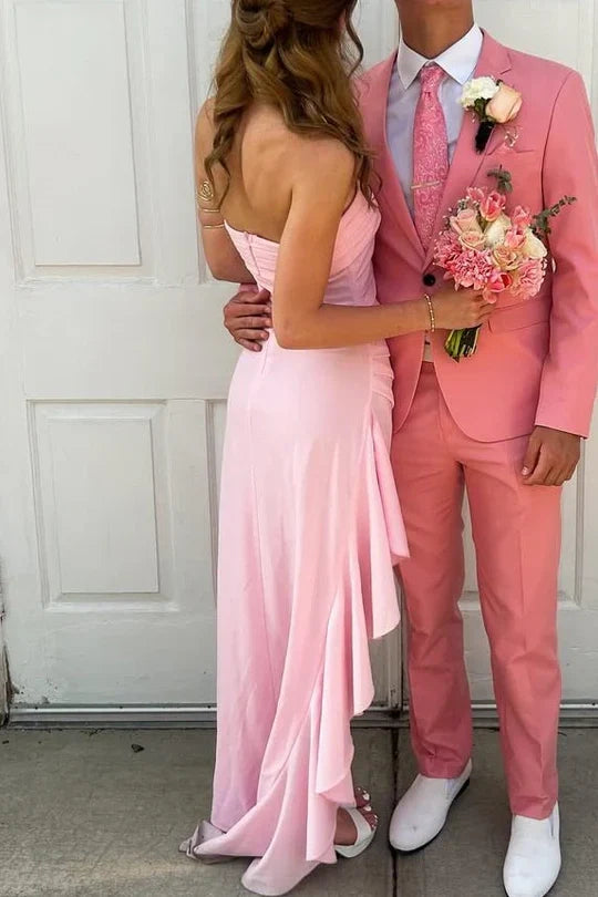 Pleated Strapless Satin Fitted Ruffle Party Prom Dress