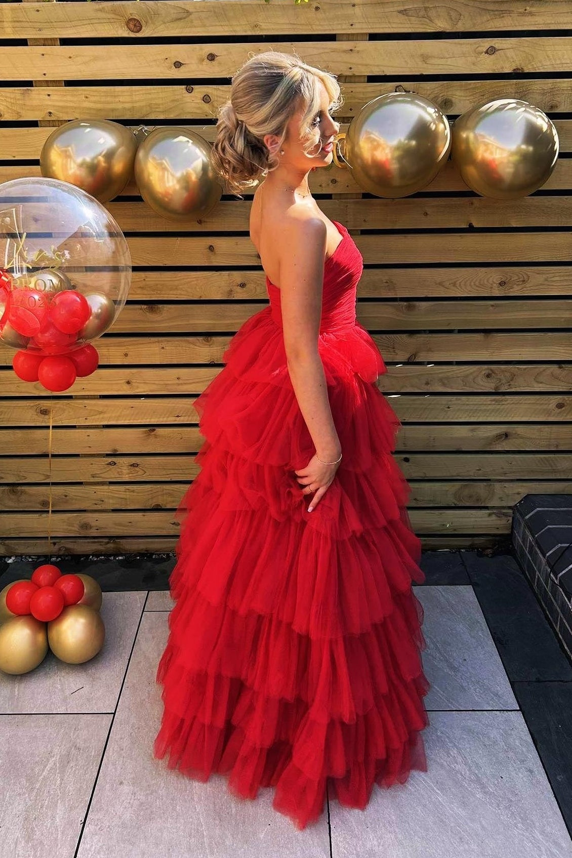 Pleated Strapless Tulle A-Line Tiered Long Party Prom Dress