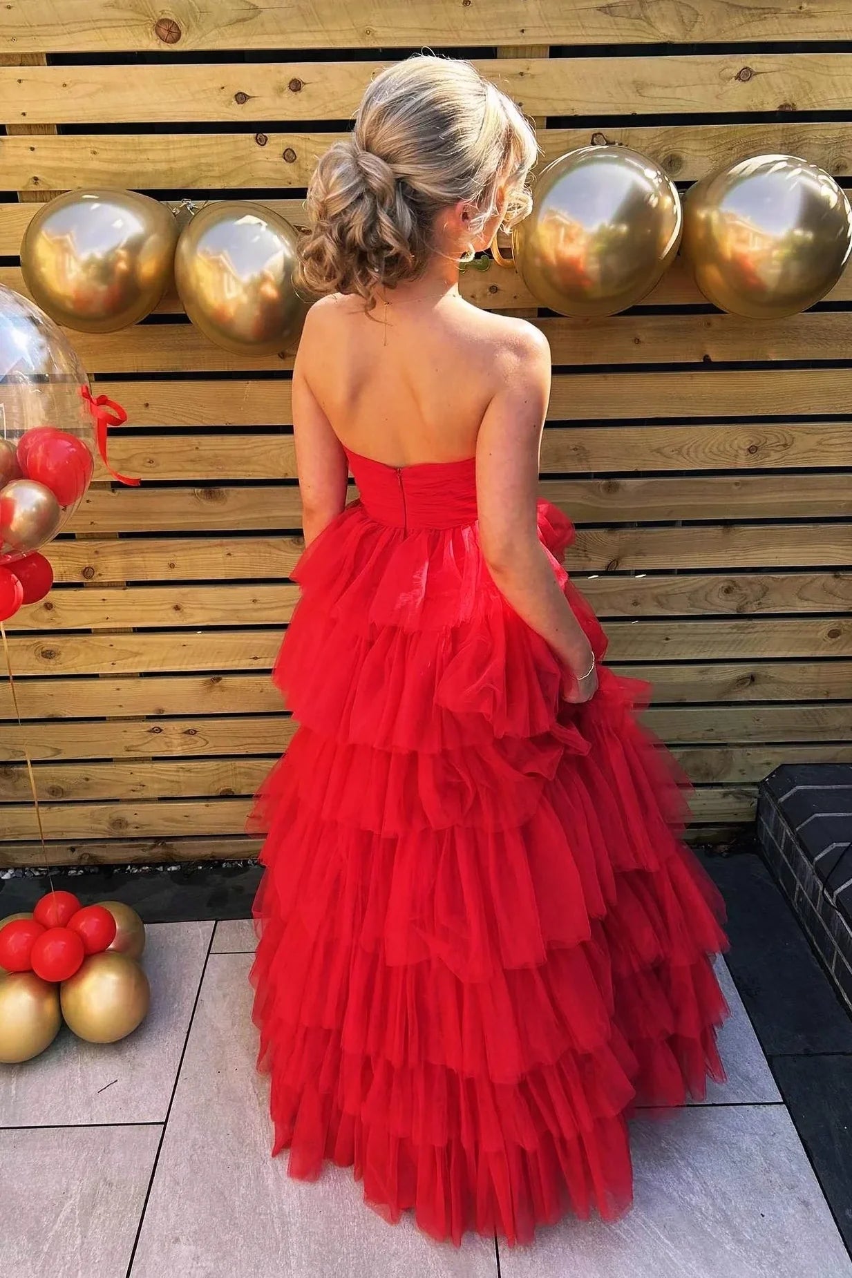 Pleated Strapless Tulle A-Line Tiered Long Party Prom Dress