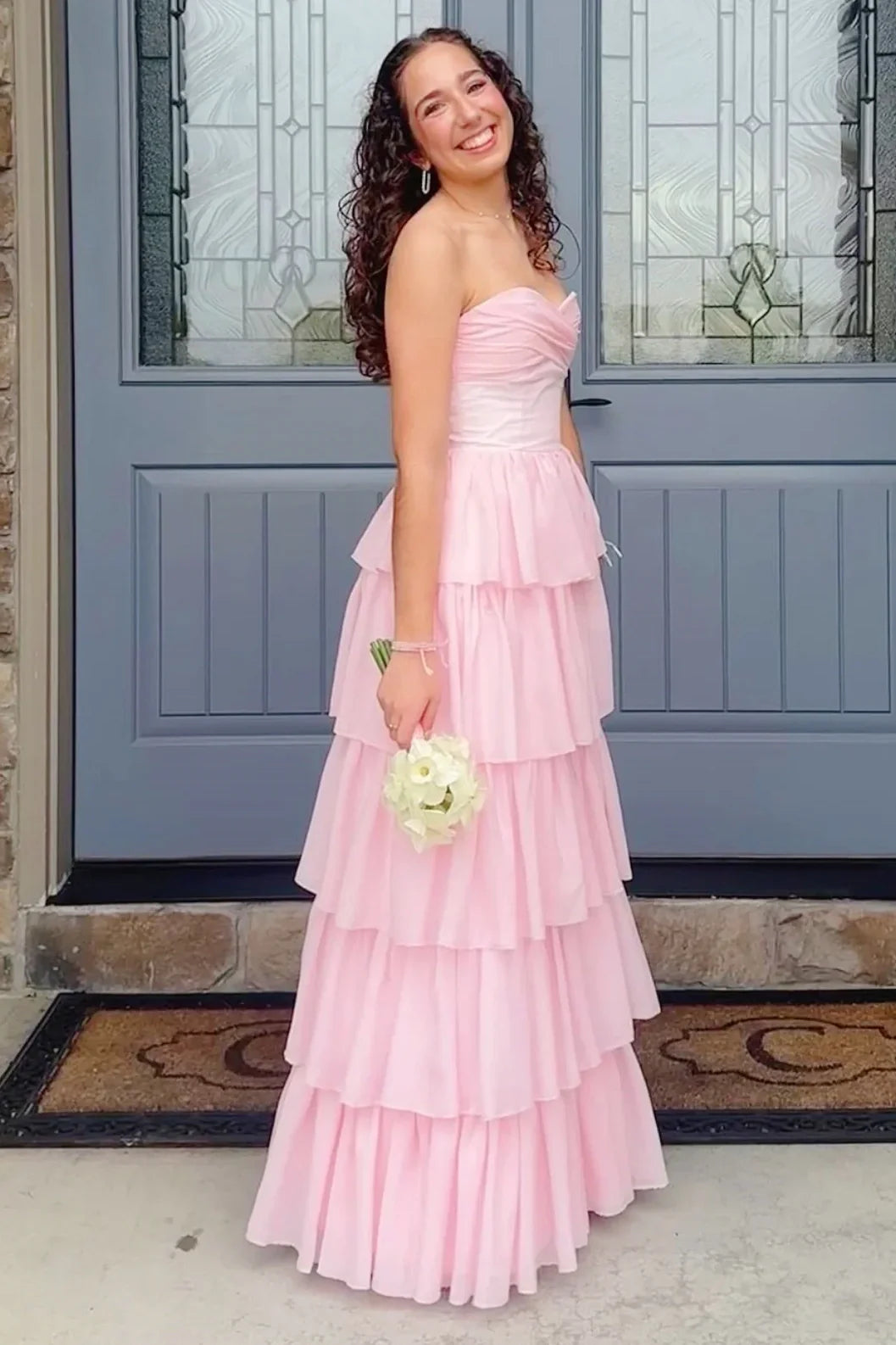 Pretty Pink A-Line Empire Strapless Tiered Maxi Party Prom Dress