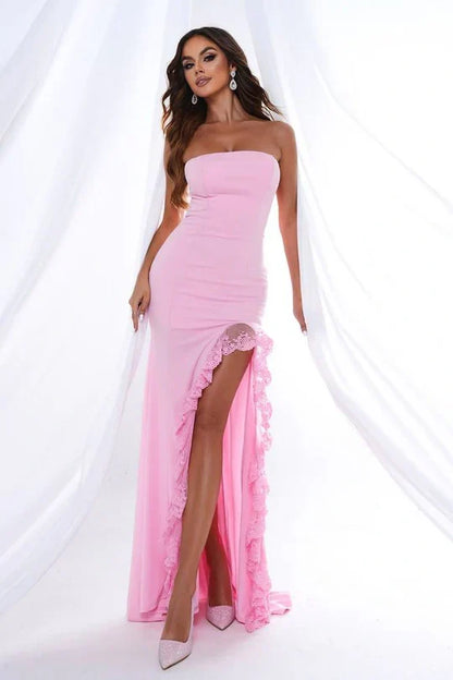 Pretty Pink Satin Strapless Party Evening Dress With Lace Slit