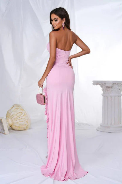 Pretty Pink Satin Strapless Party Evening Dress With Lace Slit