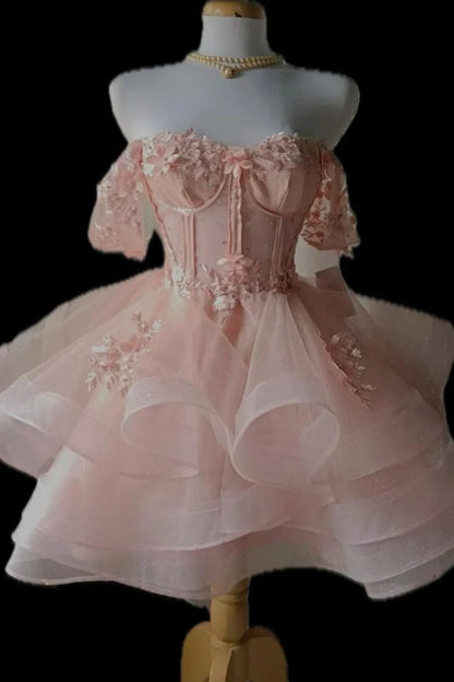 Pretty Pink Sweetheart Off-Shoulder Sparkly Tiered Tulle A-Line Homecoming Dress