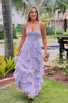 Pretty Sweetheart Spaghetti Straps Chiffon A-Line Tiered Party Prom Dress