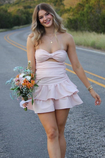 Pretty Sweetheart Strapless A-Line Tiered Satin Mini Homecoming Dress