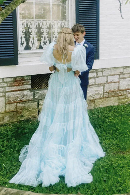 Puff Sleeves A-Line Empire Tulle Party Prom Dress