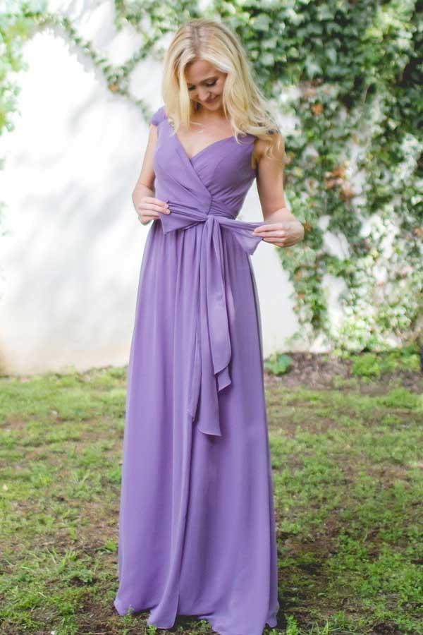 Purple Chiffon A-Line V-Neck Cap Sleeves Long Bridesmaid Dress