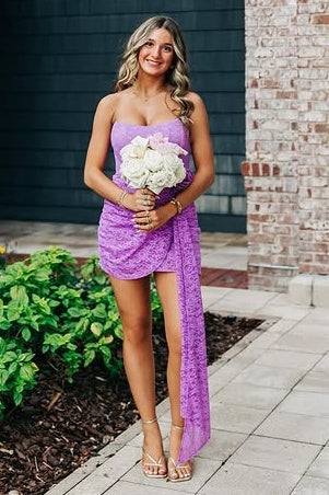 Purple Lace Boat Strapless Empire Homecoming Dress With Train