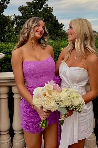 Purple Lace Boat Strapless Empire Homecoming Dress With Train