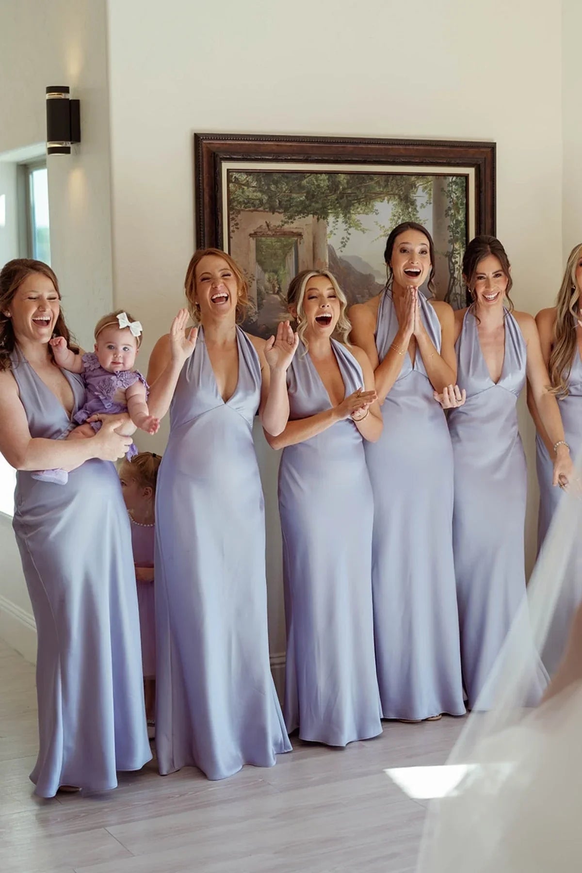 Purple Low V-Neck Halter Satin Floor-Length Bridesmaid Dress