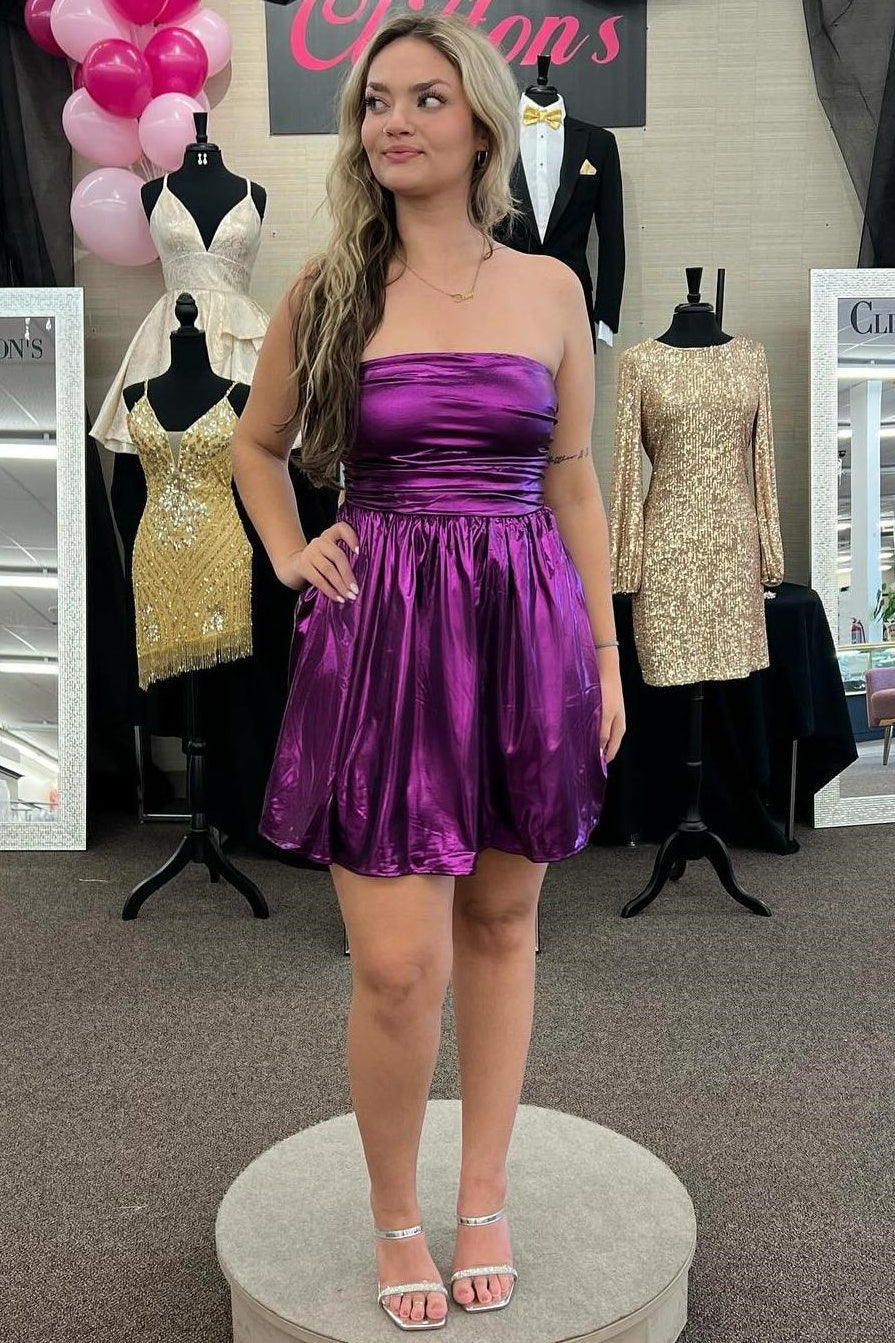 Purple Satin A-Line Strapless Lace Up Homecoming Dress
