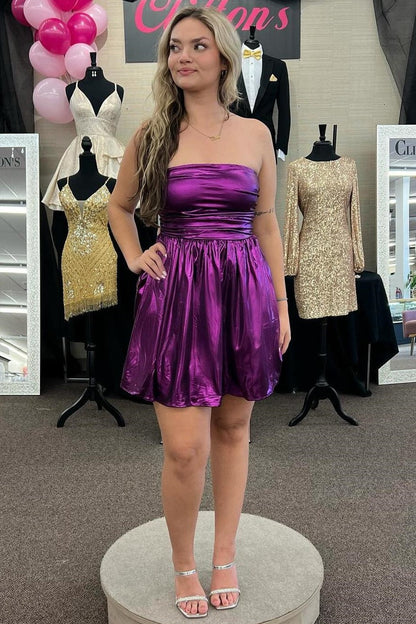 Purple Satin A-Line Strapless Lace Up Homecoming Dress