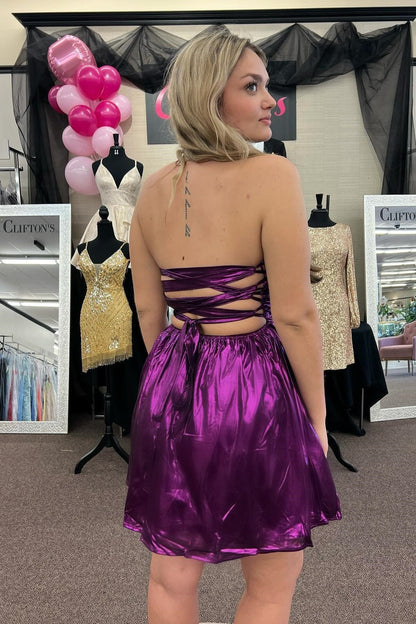 Purple Satin A-Line Strapless Lace Up Homecoming Dress