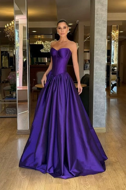 Purple Satin A-Line Sweetheart Sleeveless Long Party Prom Dress