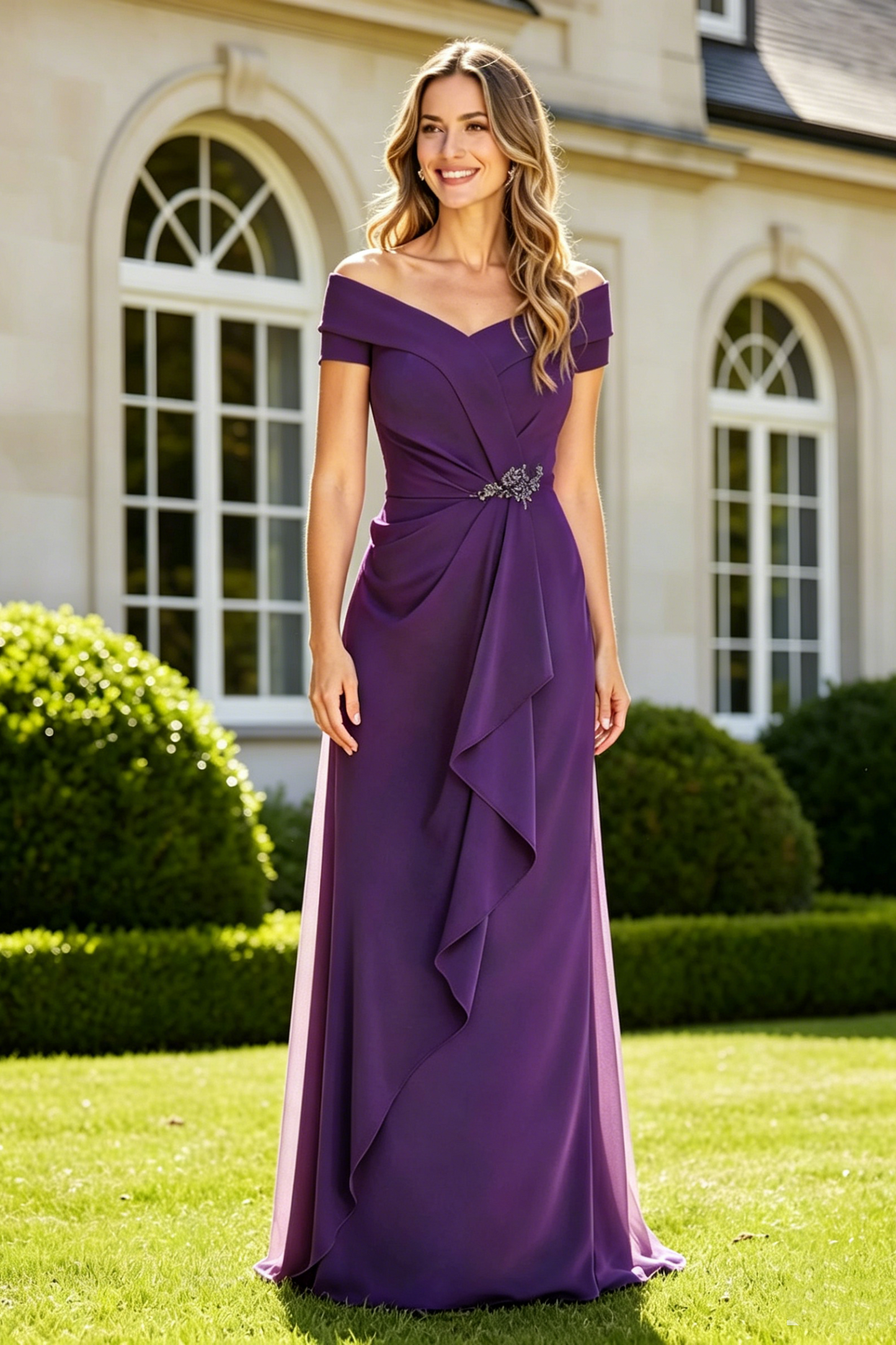 Purple Satin Sheath Off-Shoulder Empire Mother Of The Bride Dress