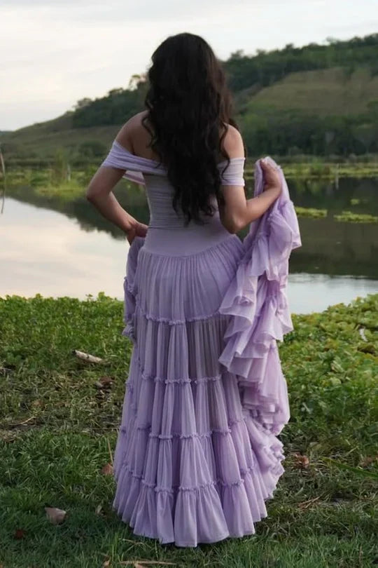 Purple Tulle A-Line Empire Off-Shoulder Party Prom Dress