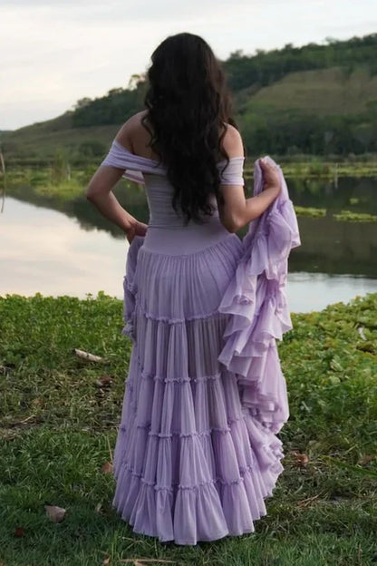 Purple Tulle A-Line Empire Off-Shoulder Party Prom Dress