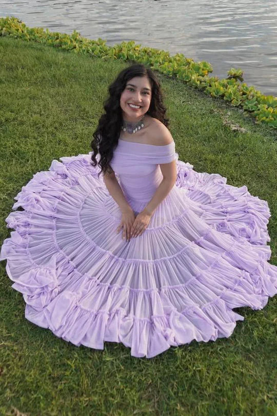Purple Tulle A-Line Empire Off-Shoulder Party Prom Dress