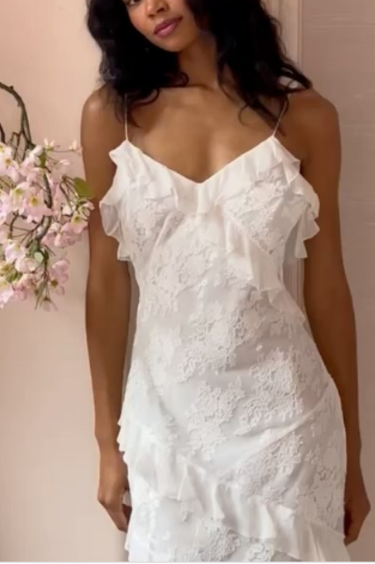 White simple elegant spaghetti strap lace long ball gown multi-layered evening dress gh3005