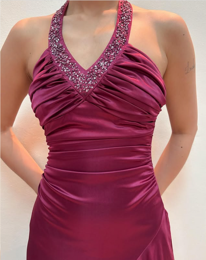 Purple Fashion Elegant Fairy Exquisite Beaded Suspender Long Satin Ruffle Ball Gown Evening Dress Birthday Party Dress Prom Dress gh3759