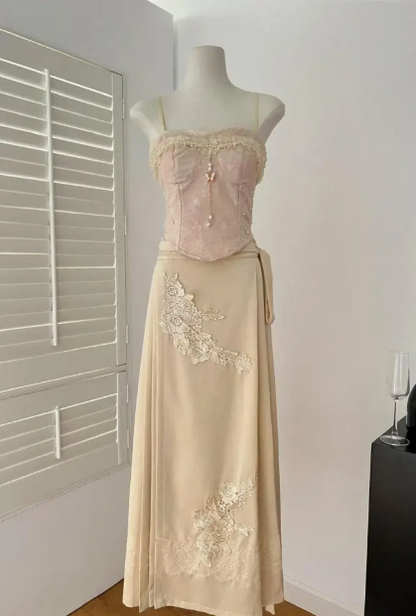 Pink Vintage Floral Applique Long Ball Gown Evening Dress Two Piece Set gh4656