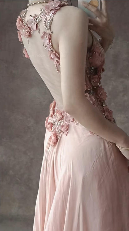 Pink Floral Beaded Long Chiffon Ball Gown Evening Dress Party Dress gh4703