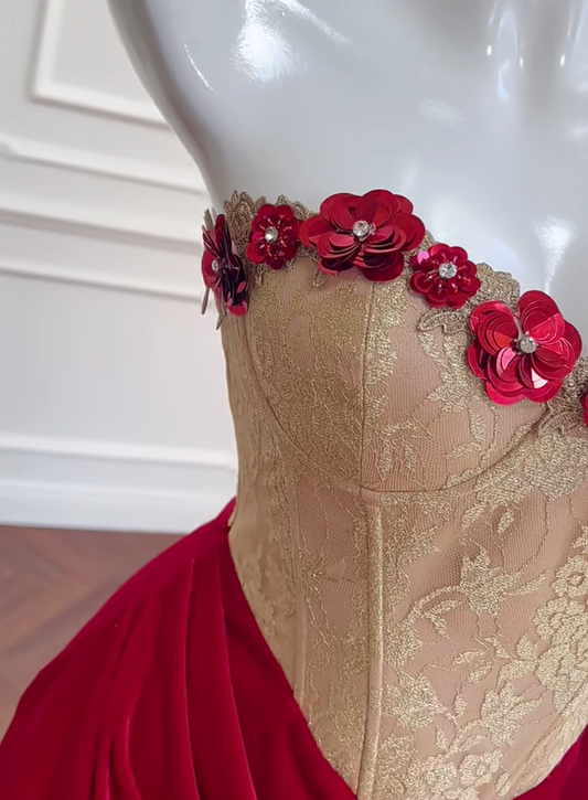 Girlhomeshops -Red vintage velvet floral short homecoming dress birthday party dress Prom dress gh5102