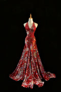 Elegant Floral V-neck Mermaid Evening Gown Beaded Halter-neck Party Dress Long Formal Dress TP4963