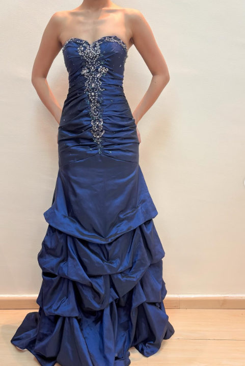girlhomeshops-Vintage royal blue dress with sewn beading and adjustable back gh6178