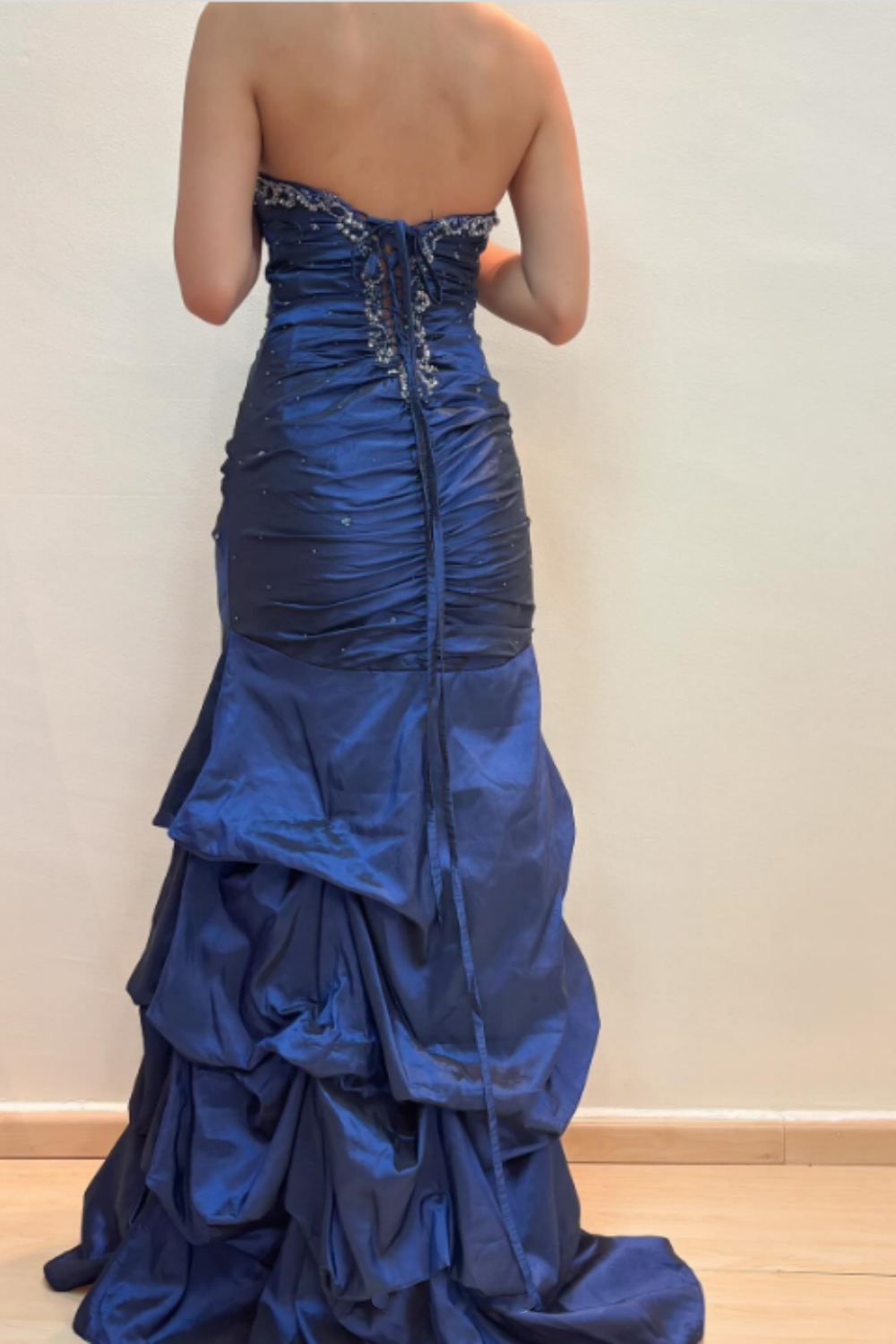 girlhomeshops-Vintage royal blue dress with sewn beading and adjustable back gh6178