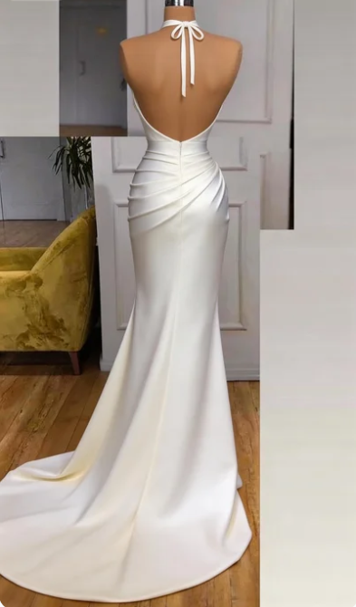 Vintage Mermaid Halter Sleeveless Ivory Long Prom Dresses P496