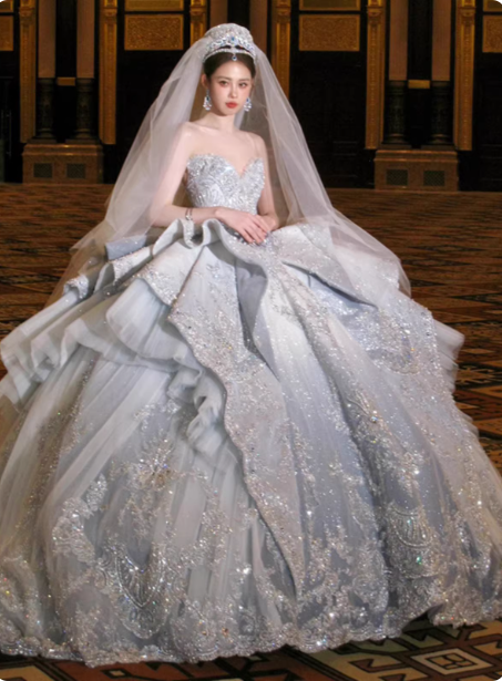 Dreamy Blue Gradient Off-the-shoulder Beaded Luxury Floor-length Wedding Dress P2518