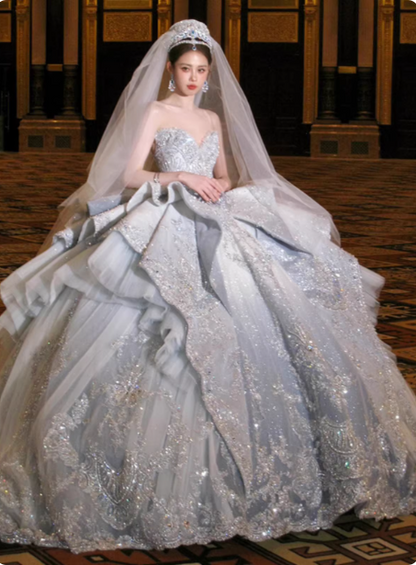Dreamy Blue Gradient Off-the-shoulder Beaded Luxury Floor-length Wedding Dress P2518