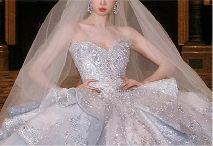 Dreamy Blue Gradient Off-the-shoulder Beaded Luxury Floor-length Wedding Dress P2518